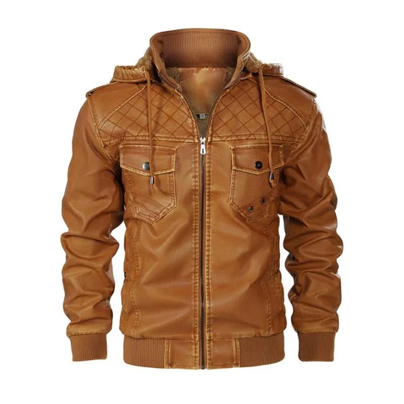 Men's Vintage Stand Collar Hooded Multi-Pocket Leather Jacket 79235916M sold by Manly