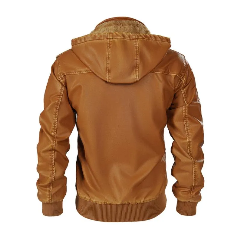 Men's Vintage Stand Collar Hooded Multi-Pocket Leather Jacket 79235916M sold by Manly product image thumbnail 4