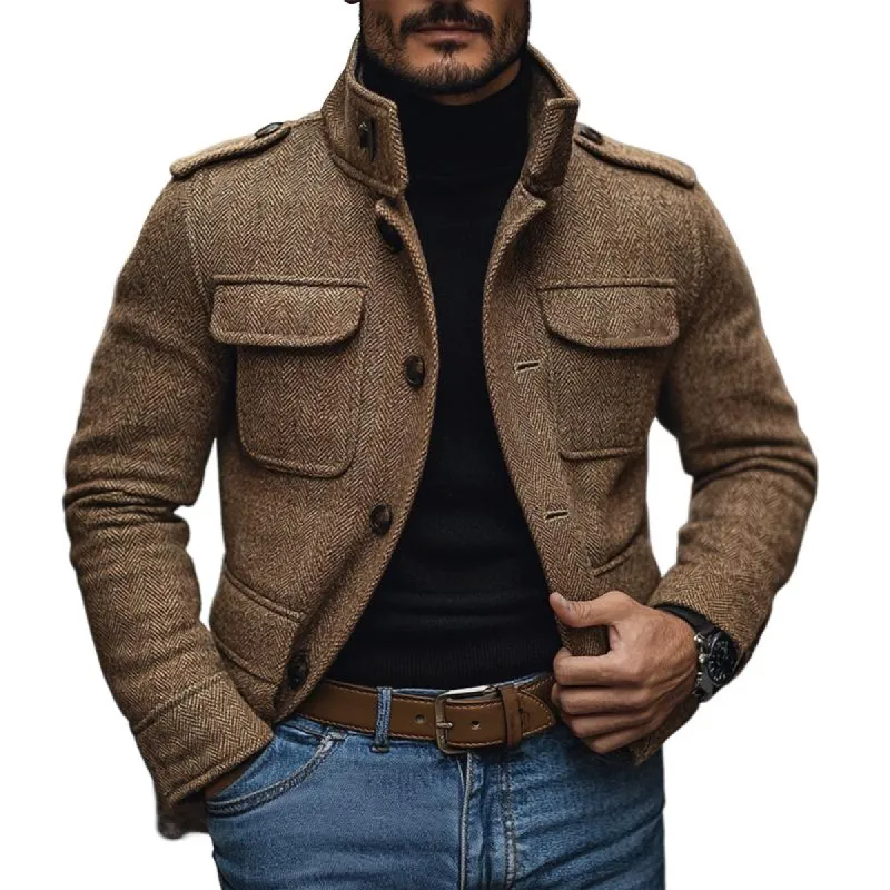 Men's Vintage Herringbone Stand Collar Multi-Pocket Slim Fit Coat 01454235M sold by Manly