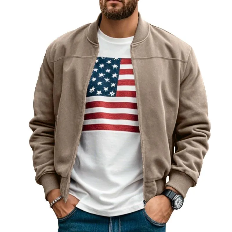 Men's Solid Suede Stand Collar Zipper Casual Jacket 35606674Z sold by Manly product image thumbnail 2