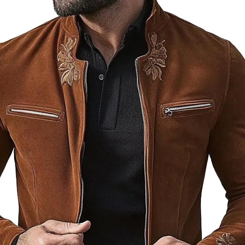 Men's Vintage Suede Embroidered Stand Collar Jacket 14592895X sold by Manly product image thumbnail 3