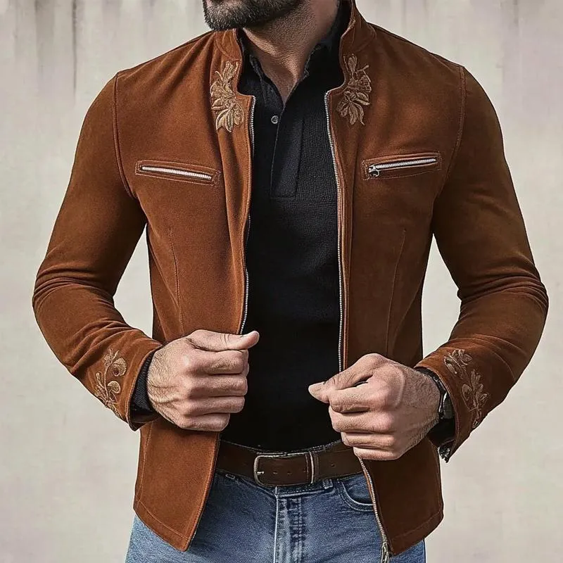 Men's Vintage Suede Embroidered Stand Collar Jacket 14592895X sold by Manly product image thumbnail 2