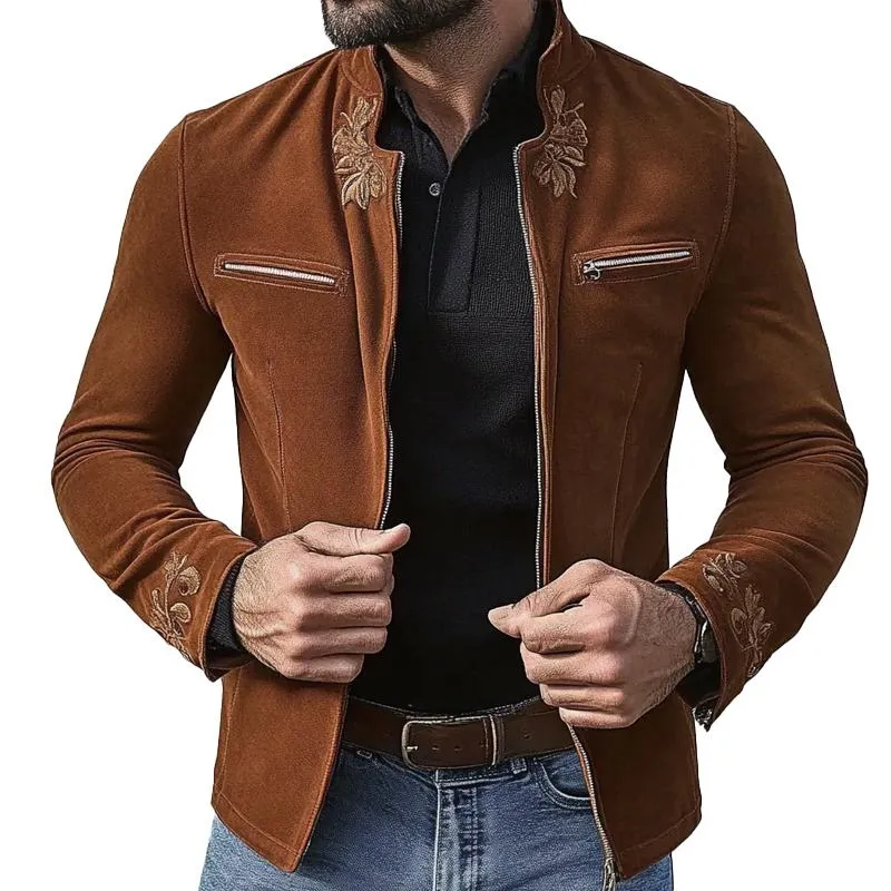 Men's Vintage Suede Embroidered Stand Collar Jacket 14592895X sold by Manly