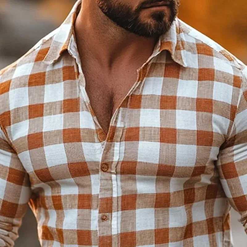 Men's Casual Plaid Print Long Sleeve Lapel Shirt 57327139X sold by Manly product image thumbnail 3