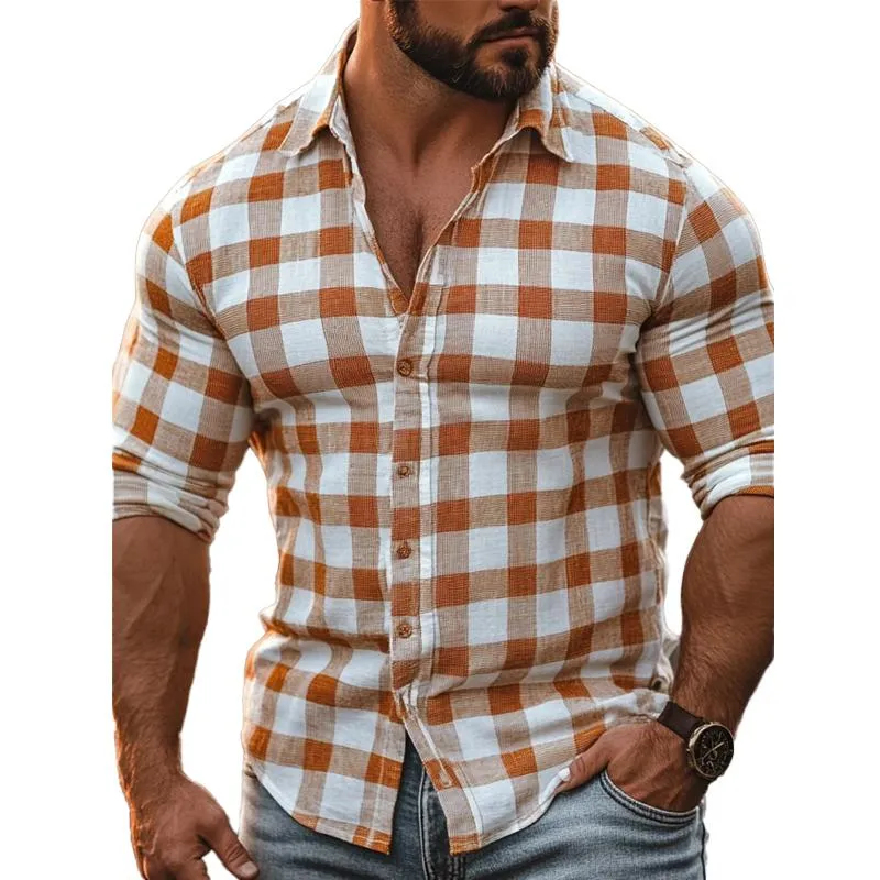 Men's Casual Plaid Print Long Sleeve Lapel Shirt 57327139X sold by Manly