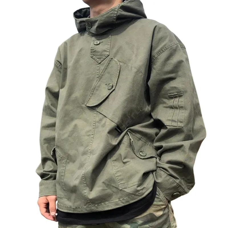 Men's Solid Color Cotton Multi-pocket Cargo Hoodie 65190617Z sold by Manly