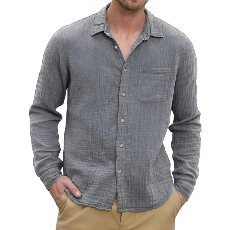 Men's Solid Cotton And Linen Lapel Chest Pocket Long Sleeve Casual Shirt 21542291Z sold by Manly