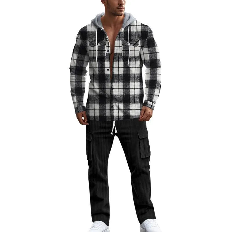 Men's Casual Hooded Flannel Long Sleeve Shirt Corduroy Casual Pants Set 80387542K sold by Manly product image thumbnail 5