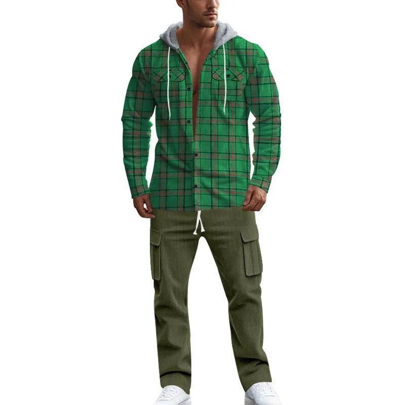 Men's Casual Hooded Flannel Long Sleeve Shirt Corduroy Casual Pants Set 80387542K sold by Manly product image thumbnail 3