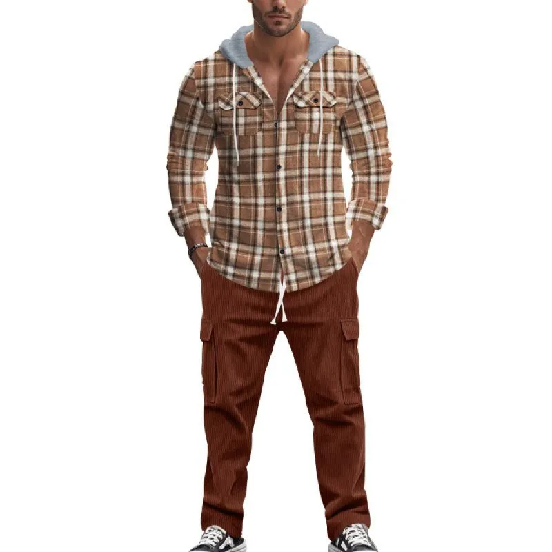 Men's Casual Hooded Flannel Long Sleeve Shirt Corduroy Casual Pants Set 80387542K sold by Manly