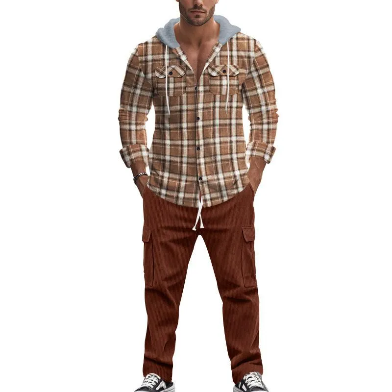 Men's Casual Hooded Flannel Long Sleeve Shirt Corduroy Casual Pants Set 80387542K sold by Manly