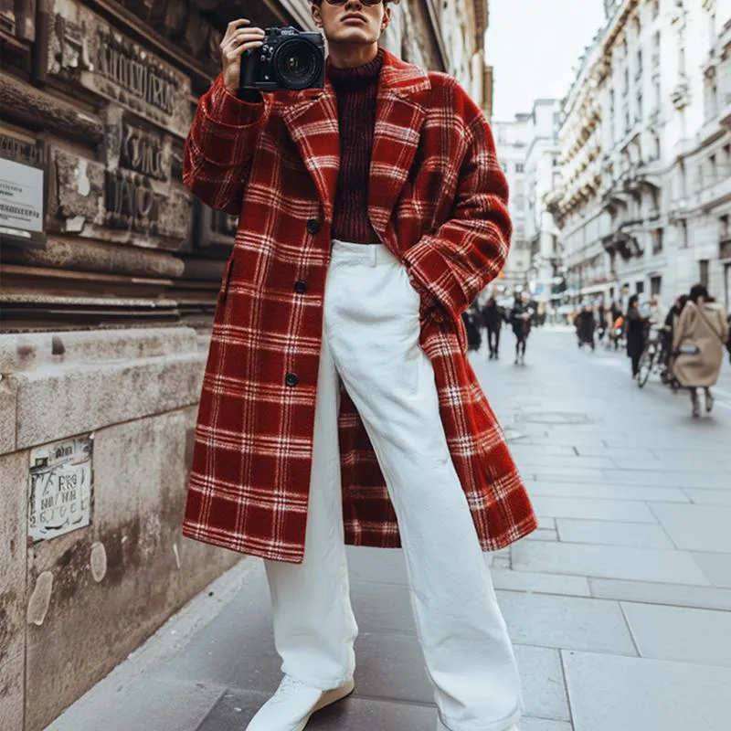 Men's Red Plaid Print Notch Lapel Coat 90007397U sold by Manly product image thumbnail 2