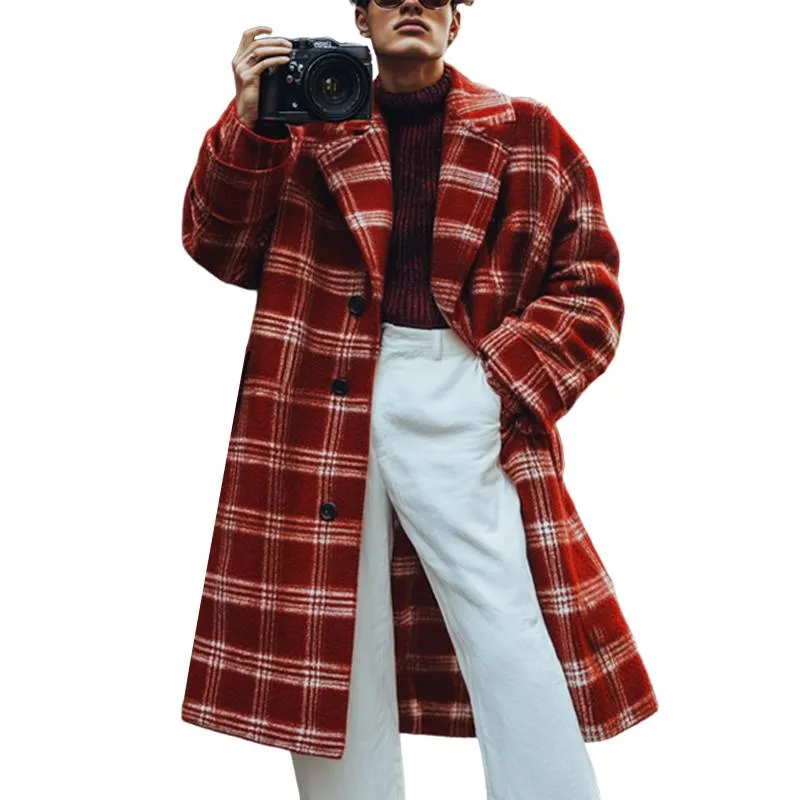 Men's Red Plaid Print Notch Lapel Coat 90007397U sold by Manly