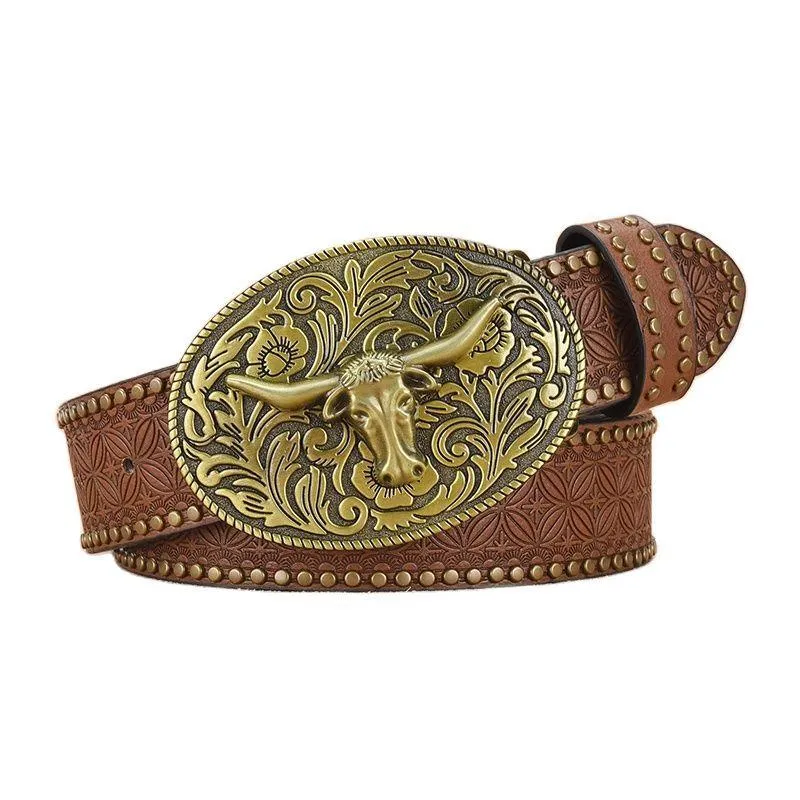 Men's Western Cowboy Style Vintage Rivet Embossed Belt 33277436U sold by Manly