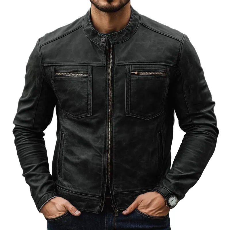 Men's Vintage Distressed Zipper Leather Jacket 08853890U sold by Manly