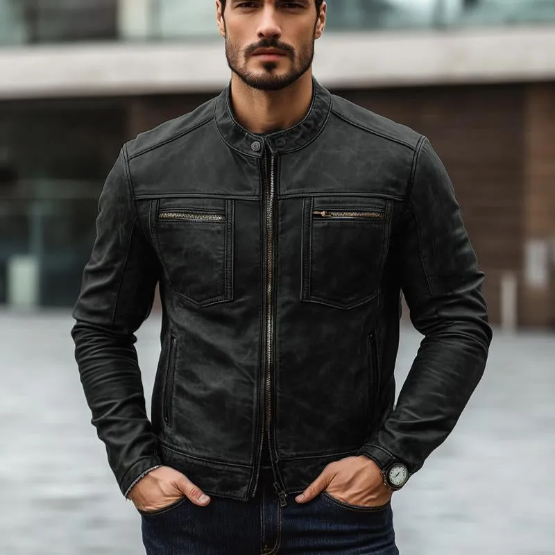 Men's Vintage Distressed Zipper Leather Jacket 08853890U sold by Manly product image thumbnail 3