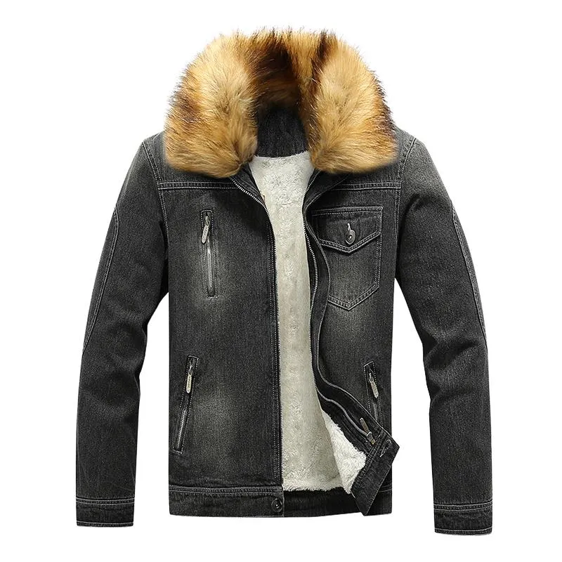 Men's Classic Lapel Plush Warm Denim Jacket 56717531F sold by Manly