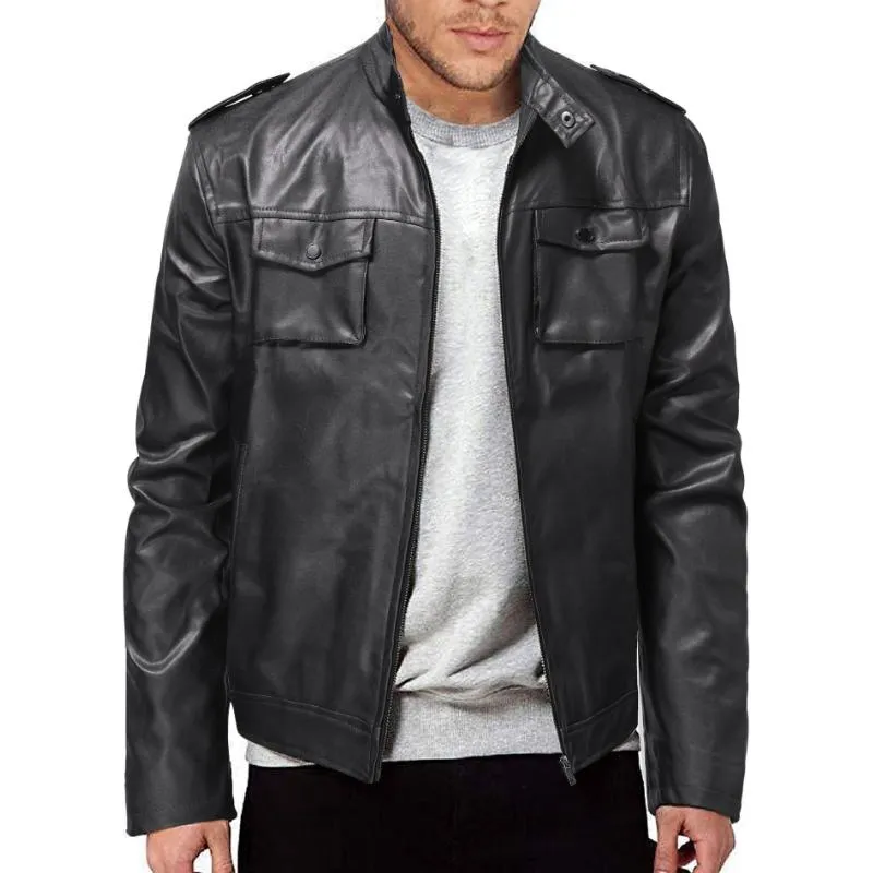 Men's Classic Stand Collar Double Pocket Leather Jacket 82375114F sold by Manly