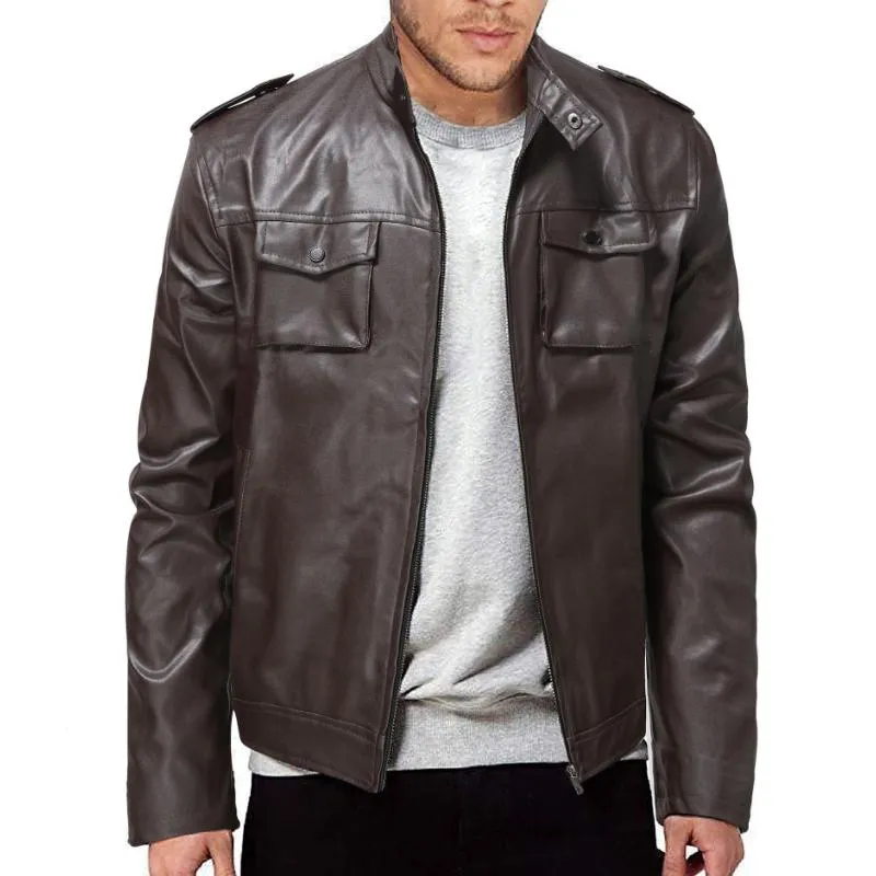 Men's Classic Stand Collar Double Pocket Leather Jacket 82375114F sold by Manly product image thumbnail 3