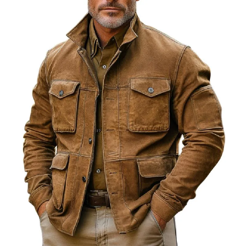 Men's Vintage Multi-Pocket Stand Collar Denim Jacket 79348838F sold by Manly