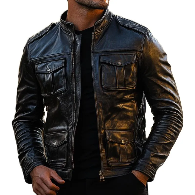 Men's Casual Multi-pocket Stand Collar Leather Jacket 74868345F sold by Manly