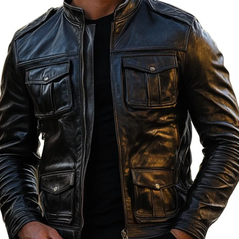 Men's Casual Multi-pocket Stand Collar Leather Jacket 74868345F sold by Manly product image thumbnail 3