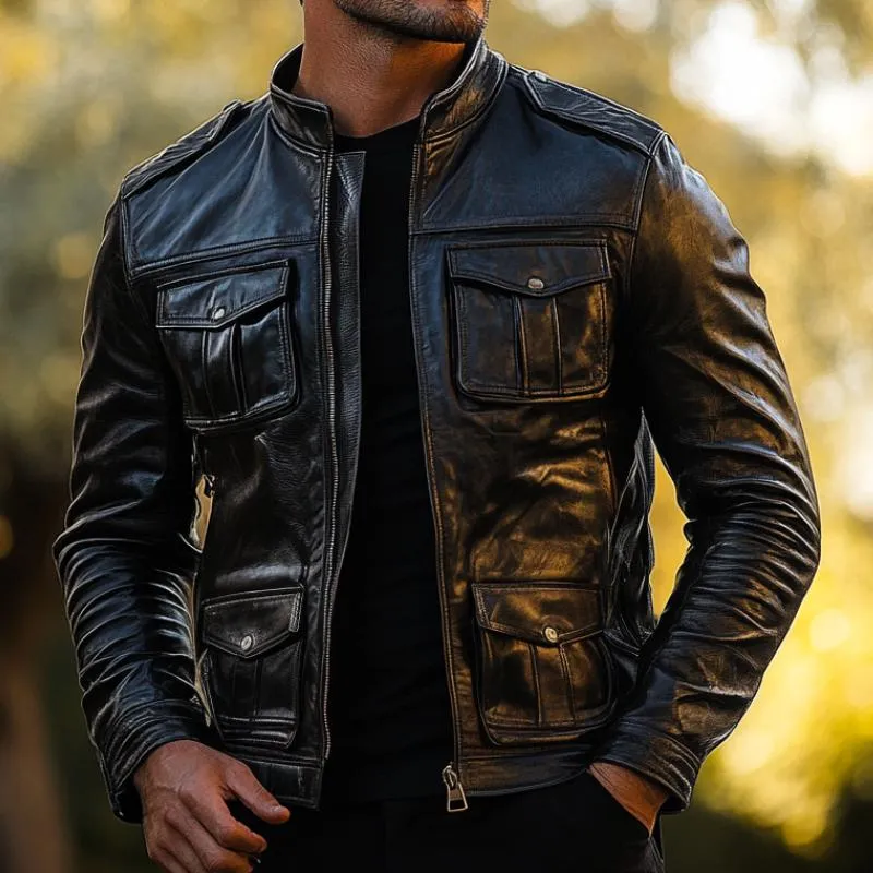 Men's Casual Multi-pocket Stand Collar Leather Jacket 74868345F sold by Manly product image thumbnail 2