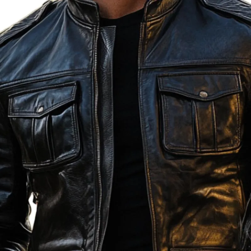 Men's Casual Multi-pocket Stand Collar Leather Jacket 74868345F sold by Manly product image thumbnail 4