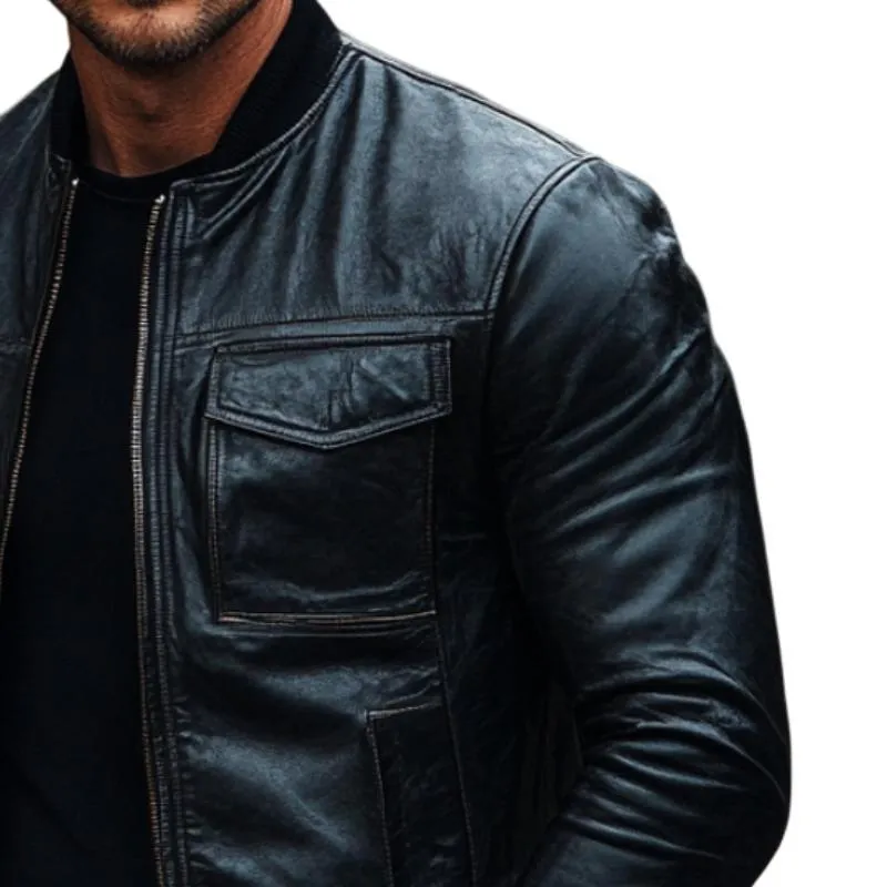 Men's Classic Baseball Collar Multi-Pocket Leather Jacket 15476163F sold by Manly product image thumbnail 3