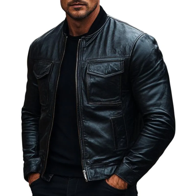 Men's Classic Baseball Collar Multi-Pocket Leather Jacket 15476163F sold by Manly