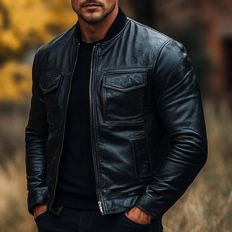 Men's Classic Baseball Collar Multi-Pocket Leather Jacket 15476163F sold by Manly product image thumbnail 2