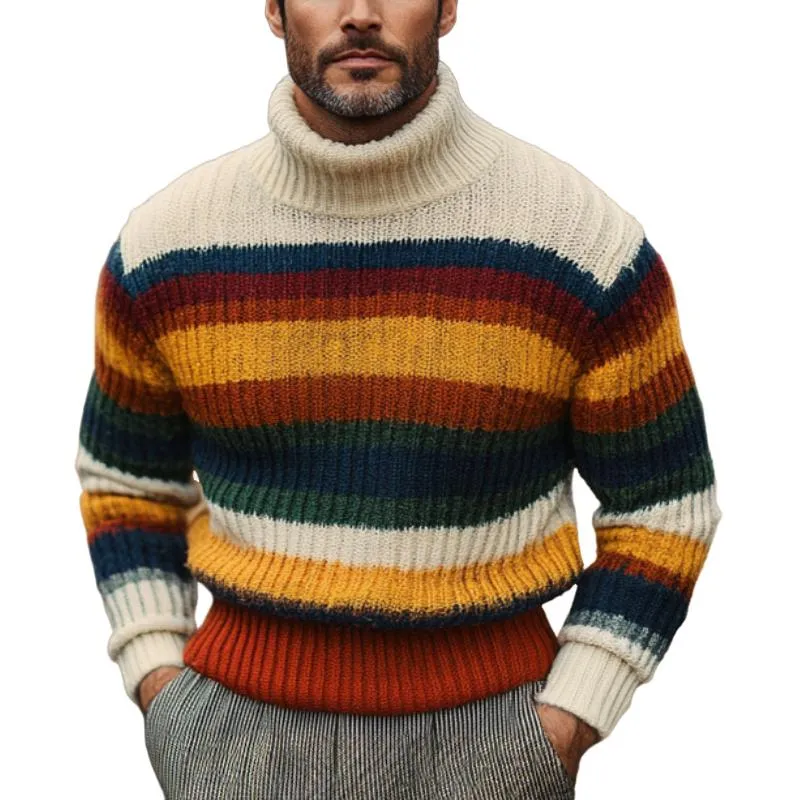 Men's Casual Turtleneck Pullover Striped Knit Sweater 61348930F sold by Manly