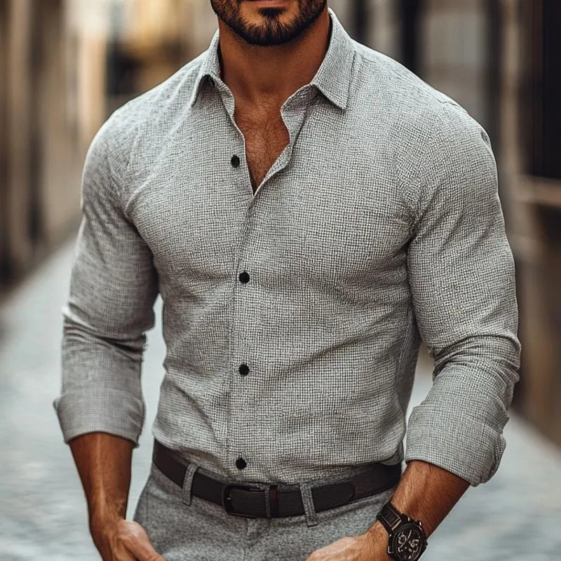 Men's Retro Casual Small Plaid Print Lapel Long Sleeve Shirt 40105960TO sold by Manly product image thumbnail 2