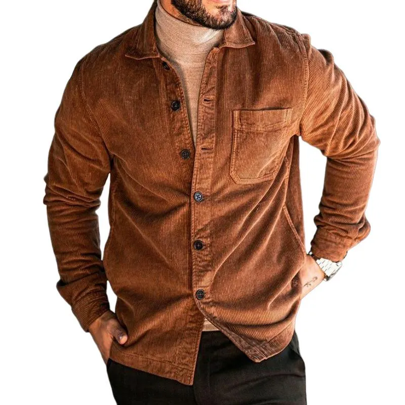 Men's Vintage Casual Corduroy Lapel Long Sleeve Shirt 69927853TO sold by Manly