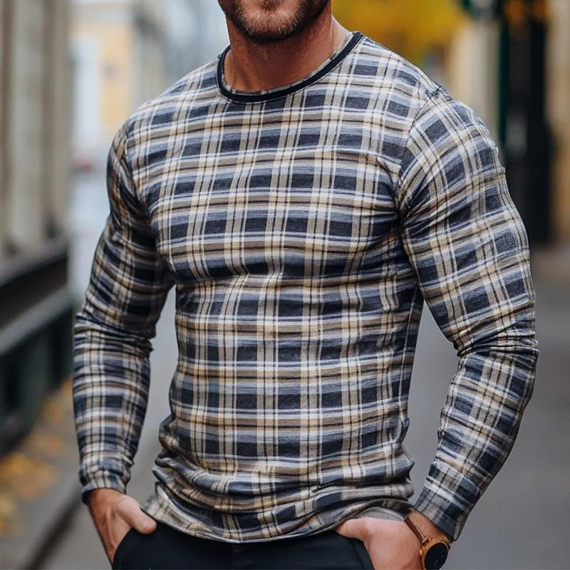 Men's Retro Casual Plaid Printed Round Neck Long Sleeve T-Shirt 35002790TO sold by Manly product image thumbnail 2