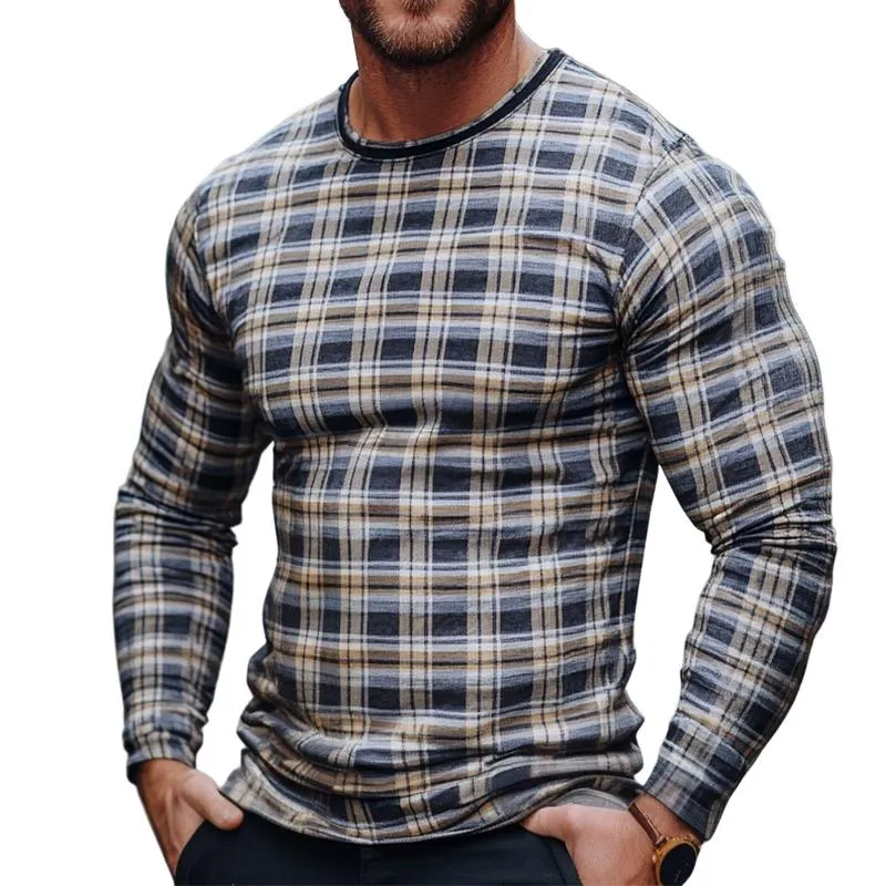 Men's Retro Casual Plaid Printed Round Neck Long Sleeve T-Shirt 35002790TO sold by Manly