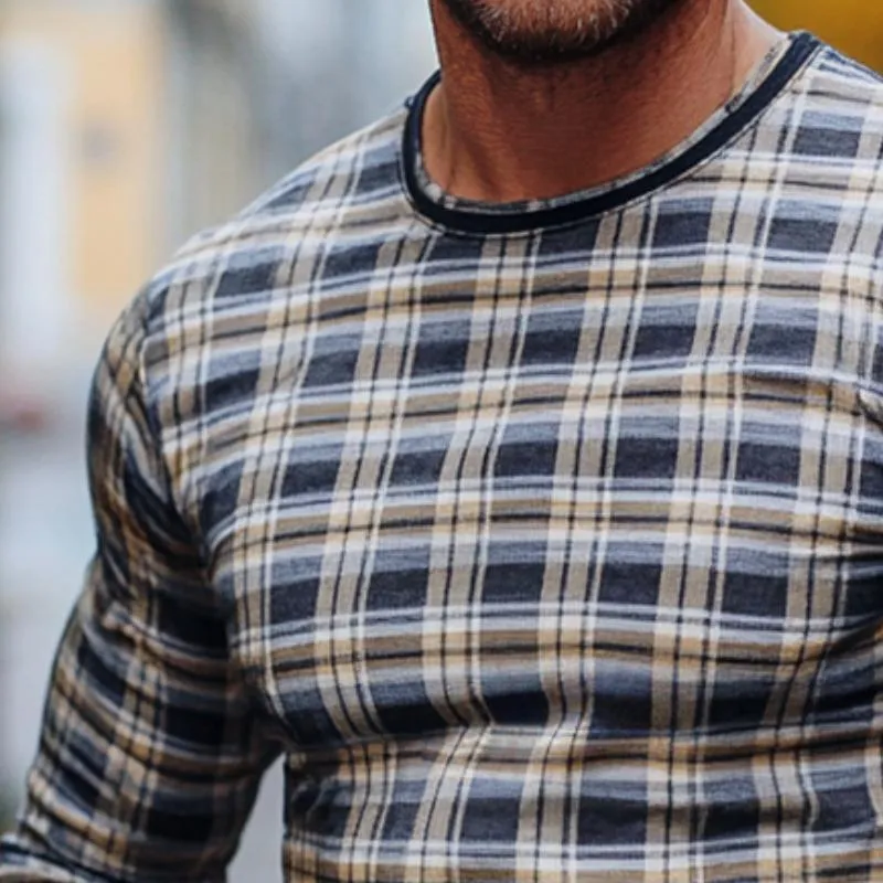 Men's Retro Casual Plaid Printed Round Neck Long Sleeve T-Shirt 35002790TO sold by Manly product image thumbnail 3