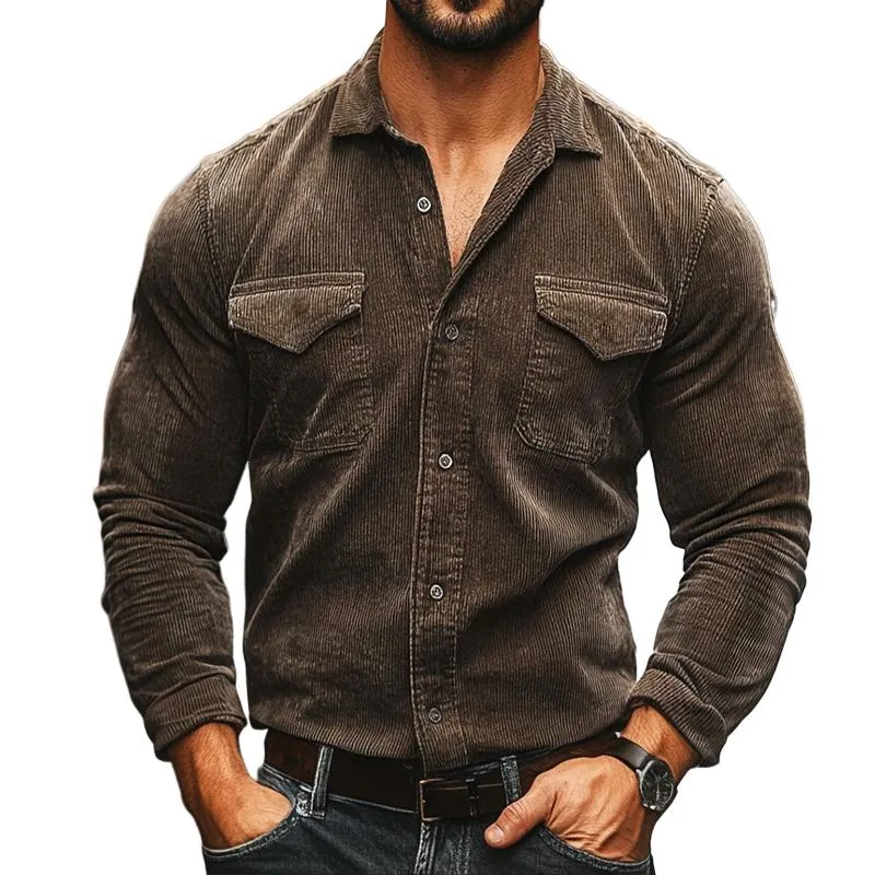 Men's Vintage Casual Corduroy Lapel Long Sleeve Shirt 18488771TO sold by Manly
