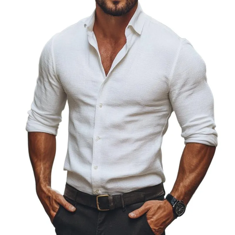 Men's Retro Casual Waffle Lapel Long Sleeve Shirt 62486418TO sold by Manly
