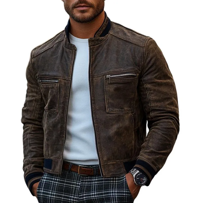 Men's Classic Slim Stand Collar Zipper Casual Leather Jacket 74882334F sold by Manly