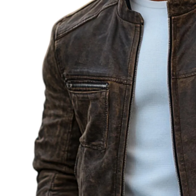 Men's Classic Slim Stand Collar Zipper Casual Leather Jacket 74882334F sold by Manly product image thumbnail 3