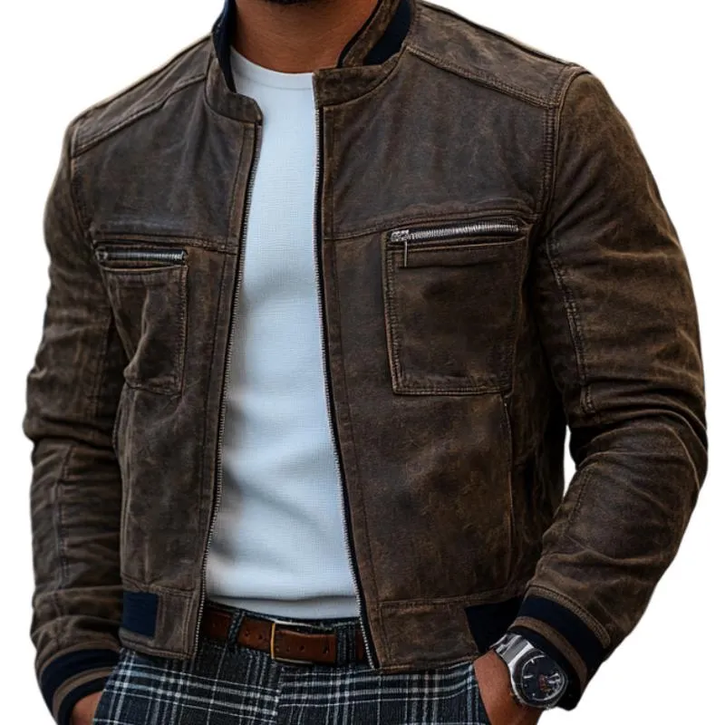 Men's Classic Slim Stand Collar Zipper Casual Leather Jacket 74882334F sold by Manly product image thumbnail 2