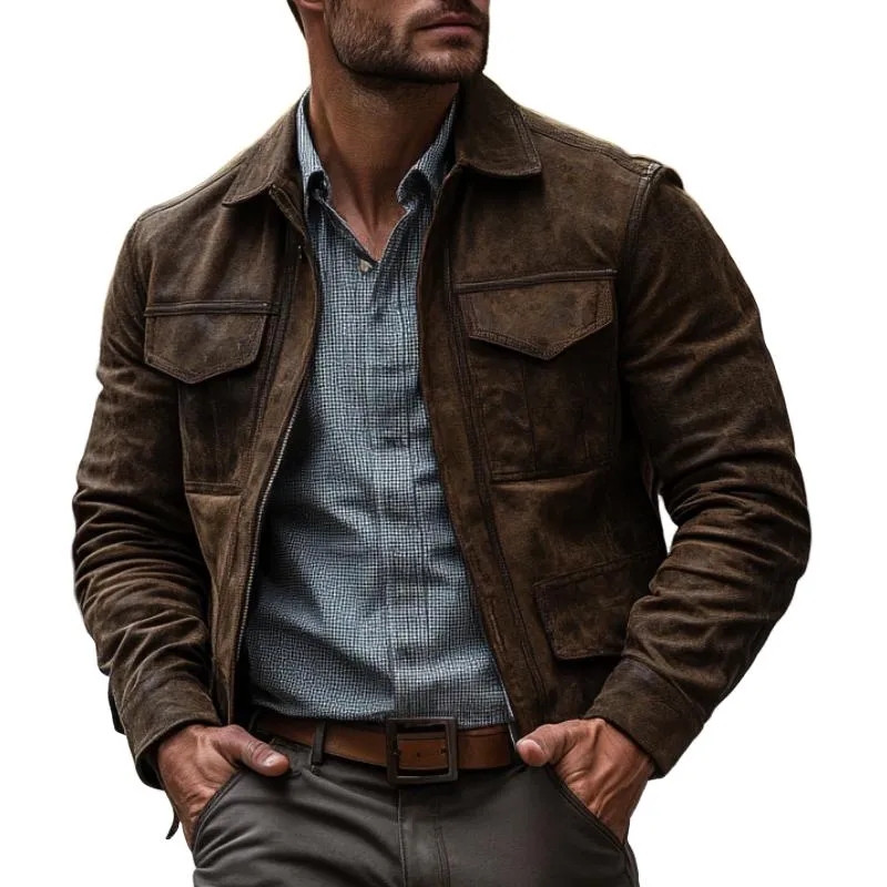 Men's Classic Lapel Multi-Pocket Leather Jacket 92098402F sold by Manly