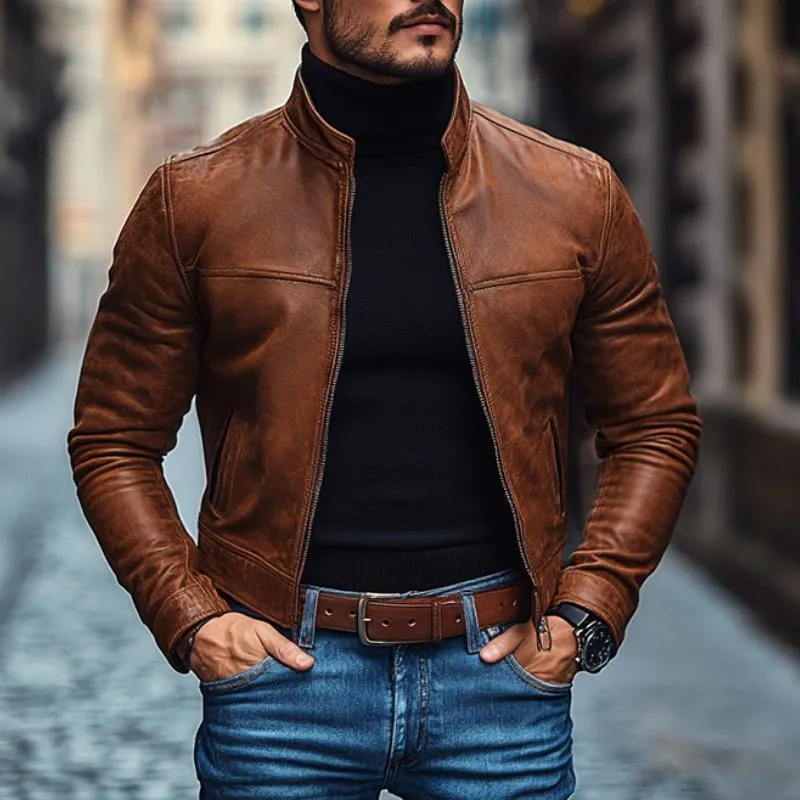 Men's Vintage Leather Stand Collar Zip-Up Slim Fit Jacket 79192790M sold by Manly product image thumbnail 2