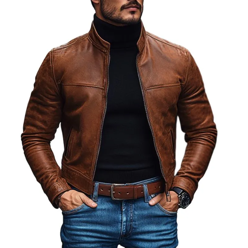 Men's Vintage Leather Stand Collar Zip-Up Slim Fit Jacket 79192790M sold by Manly