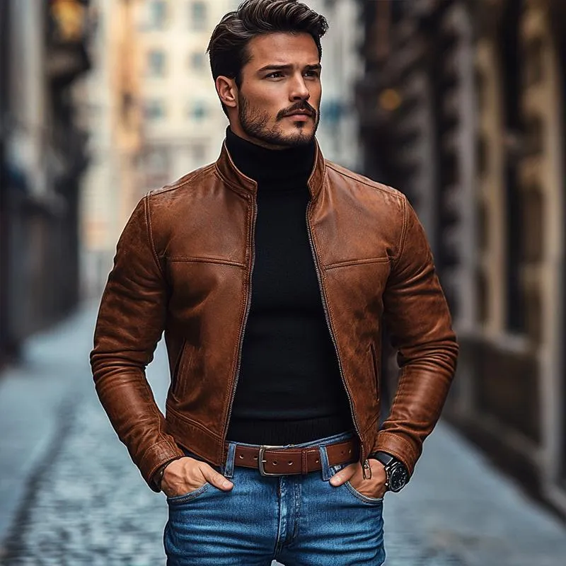 Men's Vintage Leather Stand Collar Zip-Up Slim Fit Jacket 79192790M sold by Manly product image thumbnail 3