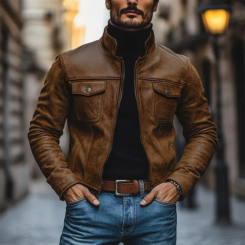 Men's Vintage Leather Stand Collar Multi-Pocket Slim Fit Jacket 40733061M sold by Manly product image thumbnail 2