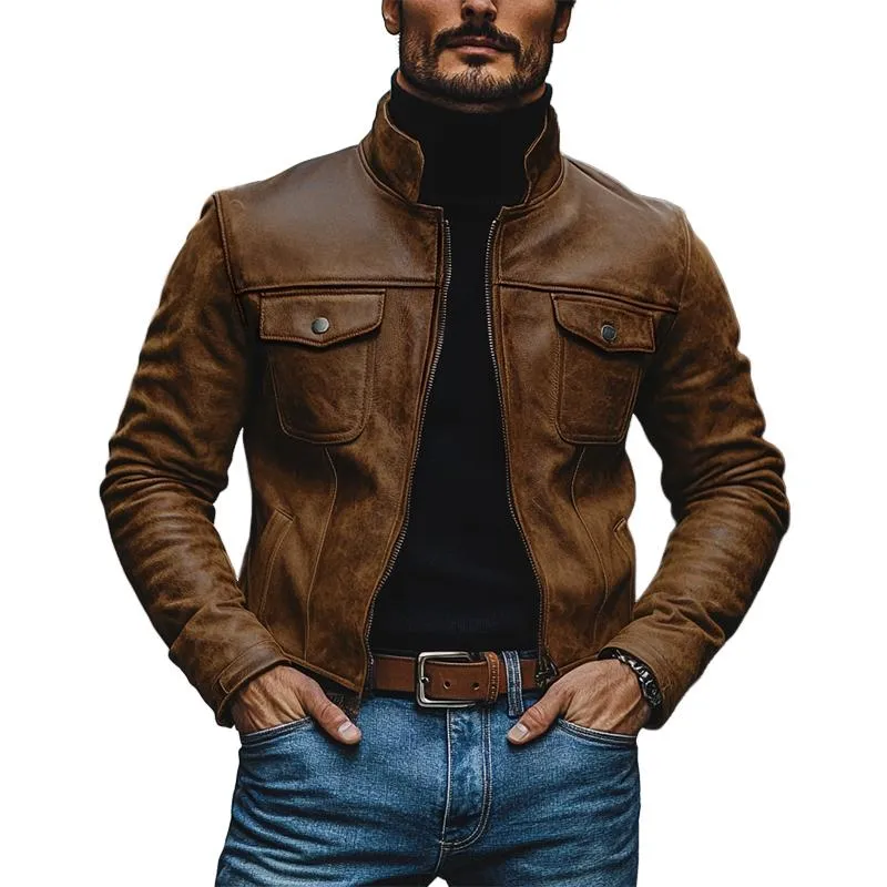 Men's Vintage Leather Stand Collar Multi-Pocket Slim Fit Jacket 40733061M sold by Manly