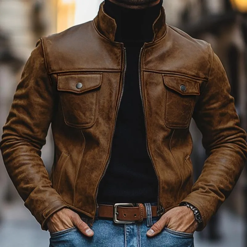 Men's Vintage Leather Stand Collar Multi-Pocket Slim Fit Jacket 40733061M sold by Manly product image thumbnail 3