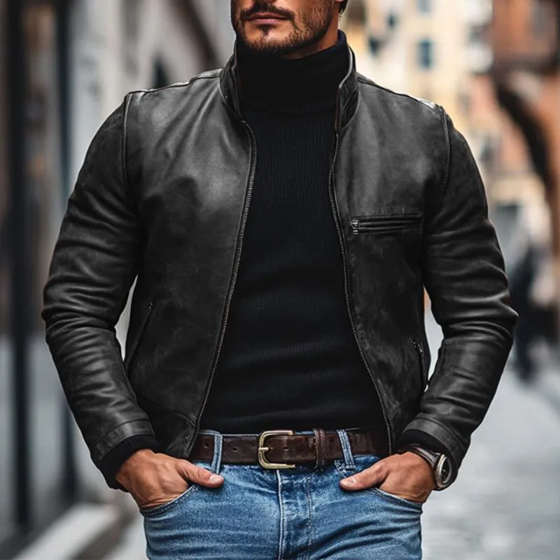 Men's Vintage Leather Stand Collar Zipper Loose Jacket 18833680M sold by Manly product image thumbnail 2